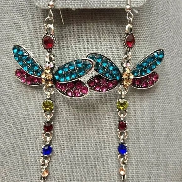 Multi Color Gem Dragonfly Earrings - Picture 1 of 3